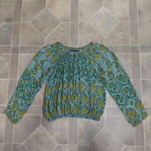 Prana Womens Long Sleeve Blue Green Boho Peasant Sheer Rayon Blouse Size Small